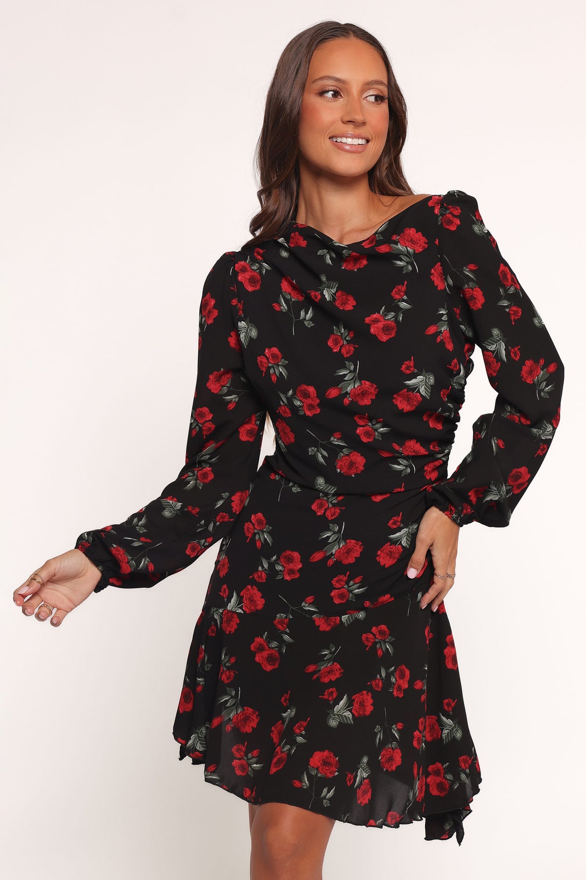 black long sleeve dress with red roses Petal and Pup Women's Mariska Long-Sleeve Mini Dress