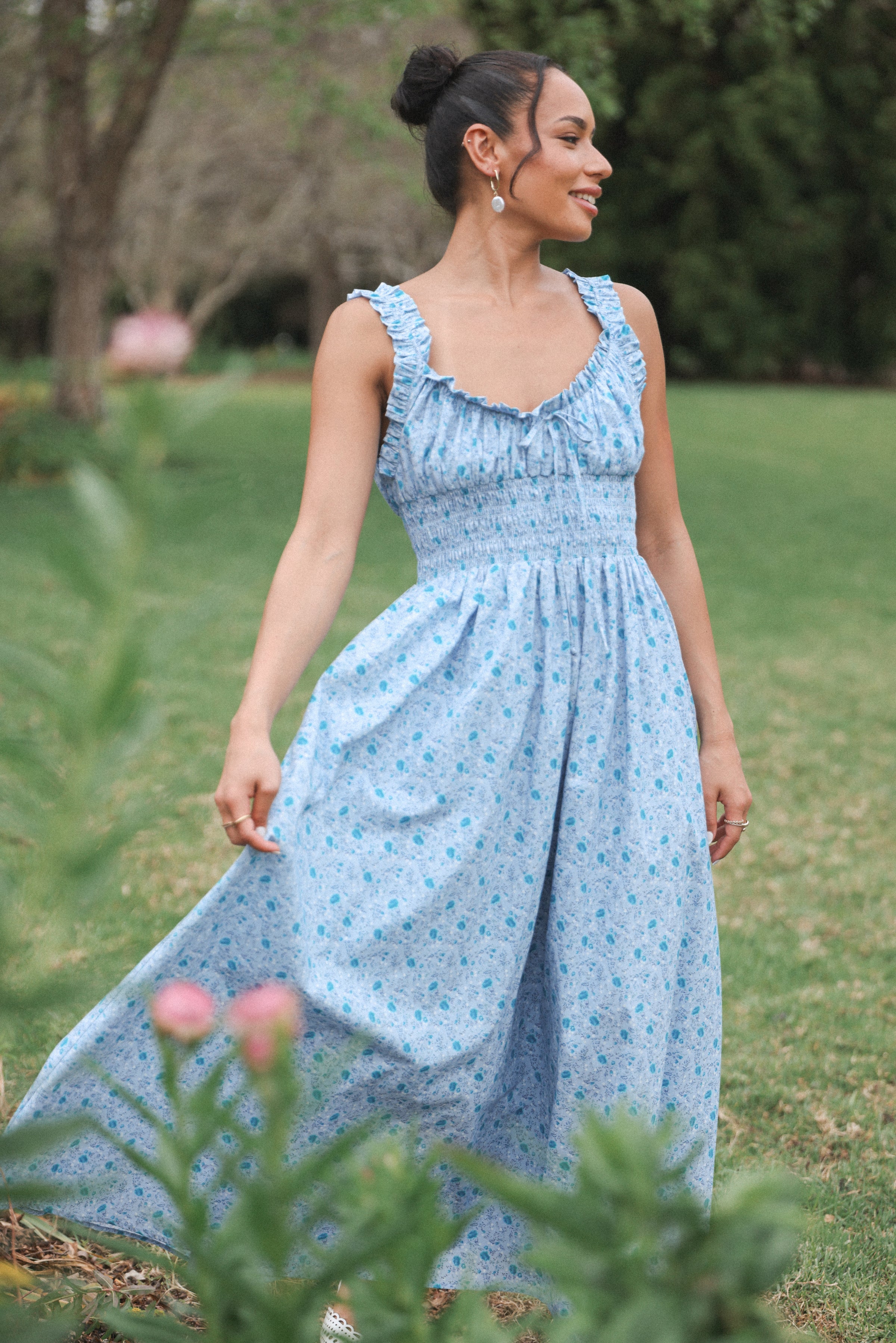 blue spring midi dress SHORT SLEEVE MIDI DRESS W/SLITS| SPRING BLUE main image 0