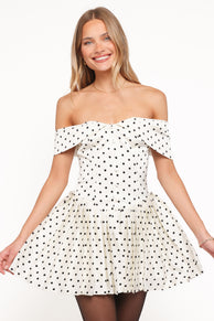 Petal and Pup USA DRESSES Marlie Off Shoulder Mini Dress - Cream Polka Dot