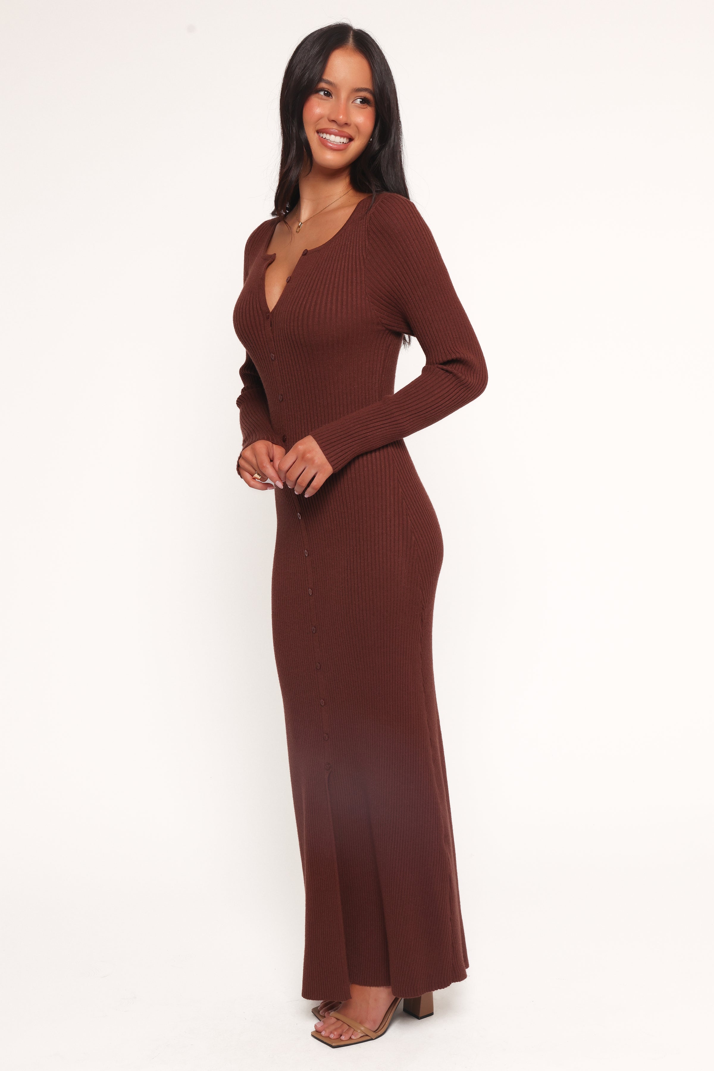 Petal and Pup USA DRESSES Marshall Button Through Knit Maxi Dress - Chocolate