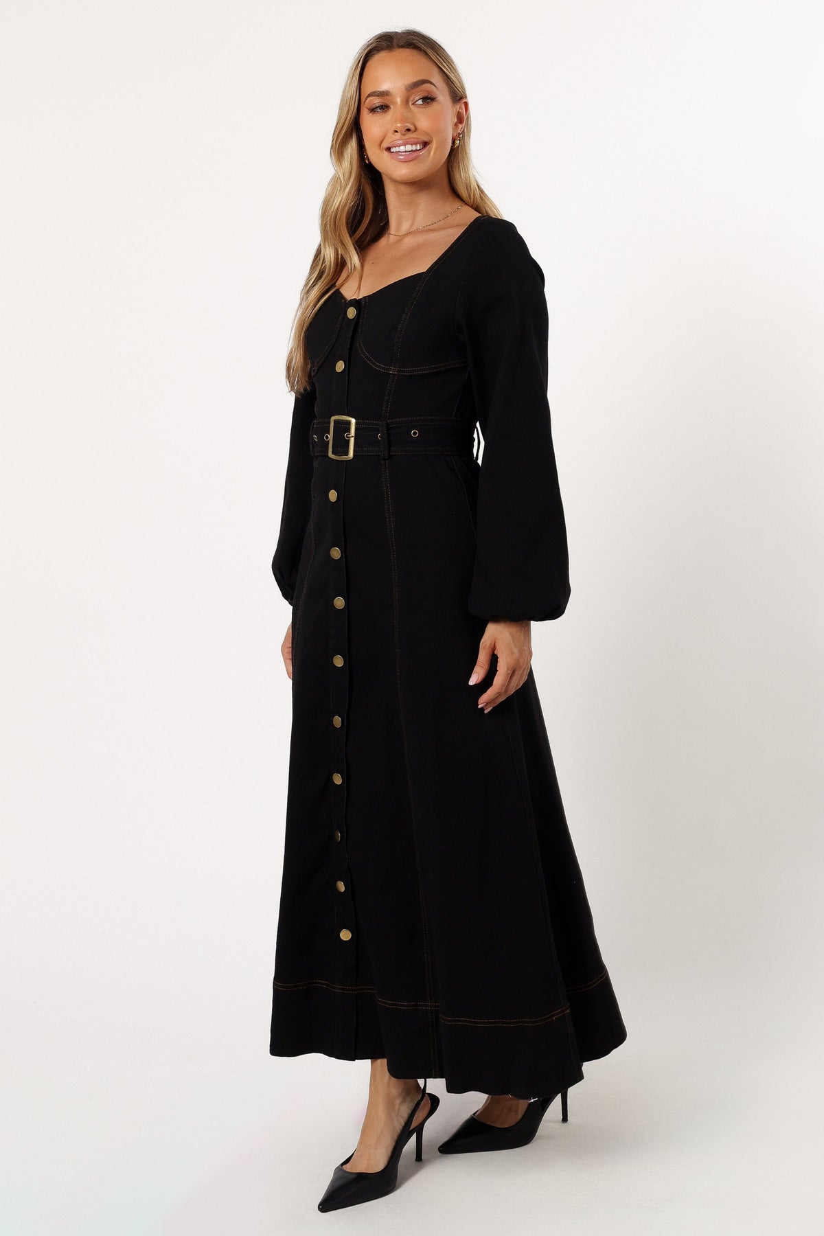 dark denim dress long sleeve Blue Denim Tiered Button Up Long Sleeve Dress Blue / XL By Trendsi