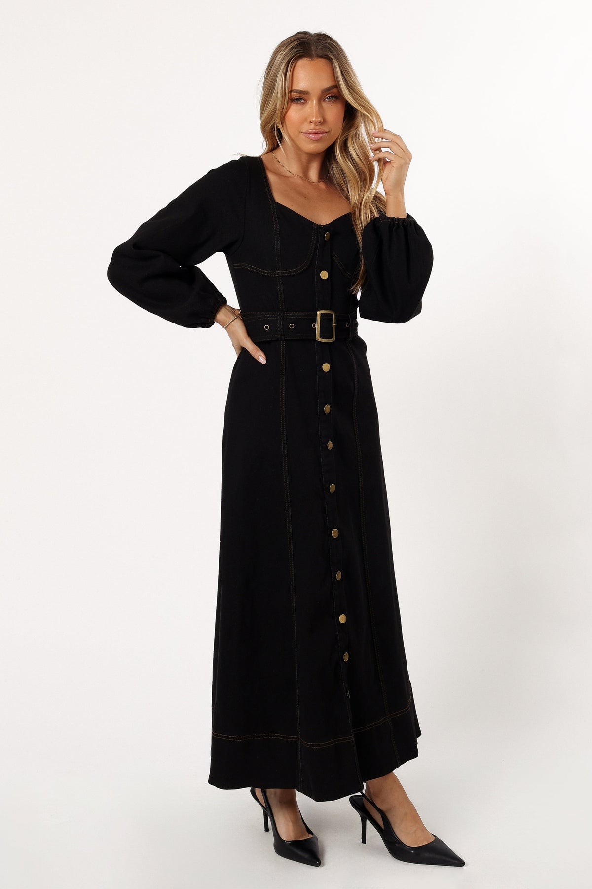 long sleeve black dress with belt Petal and Pup Women's Mateo Long Sleeve Denim Dress