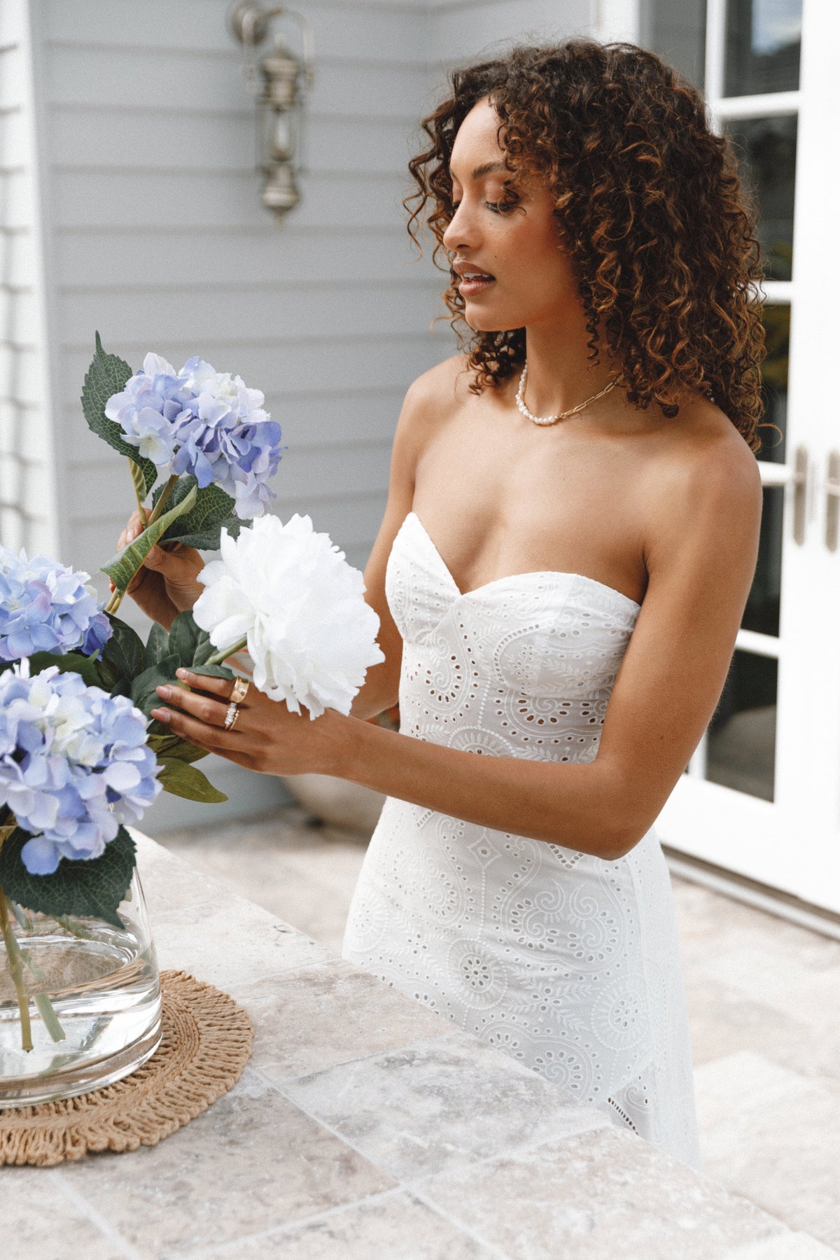 strapless white midi dress bridal Strapless Midi White Dress with 3-D Off-Shoulder Detail  HAREM's Brides