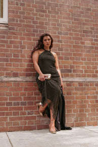 Petal and Pup USA DRESSES Melody Plisse Halter Maxi Dress - Black/Gold Polka Dot