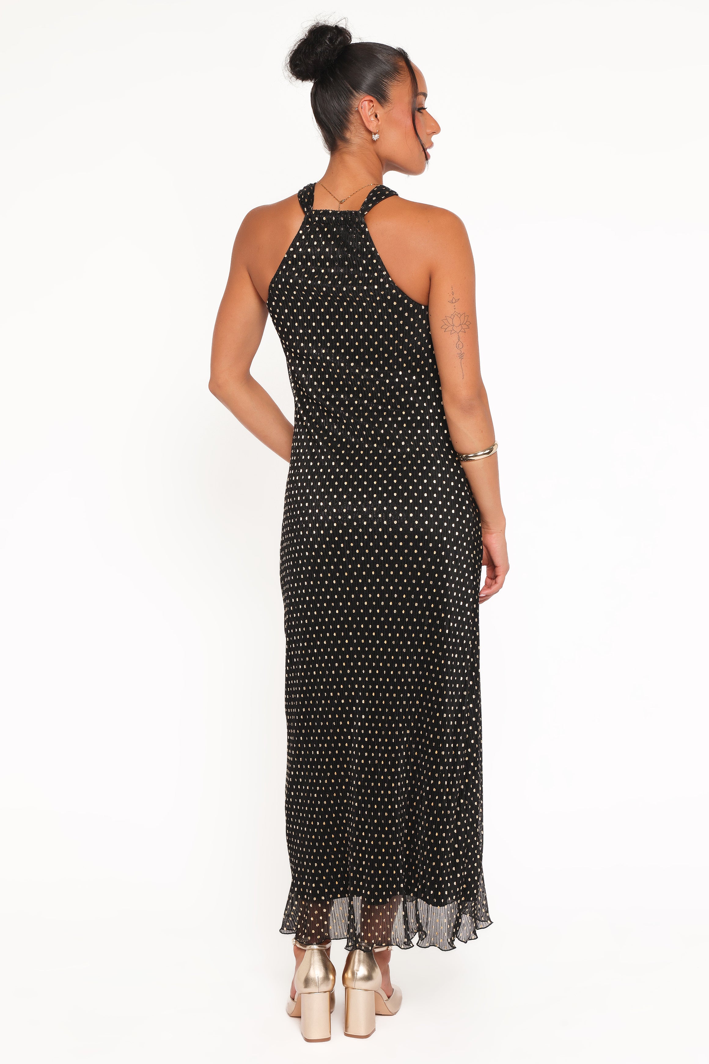 Petal and Pup USA DRESSES Melody Plisse Halter Maxi Dress - Black/Gold Polka Dot