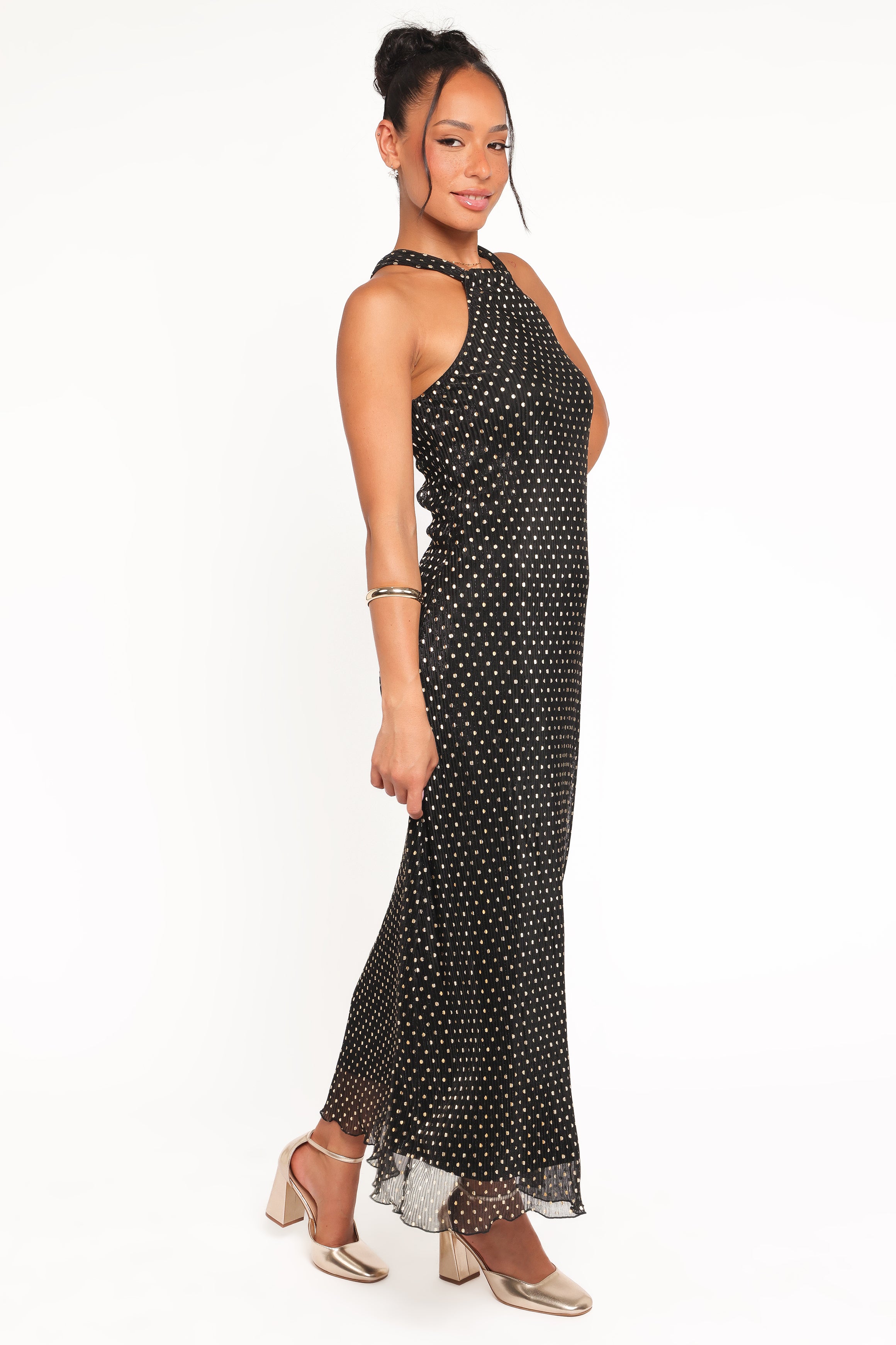 Petal and Pup USA DRESSES Melody Plisse Halter Maxi Dress - Black/Gold Polka Dot