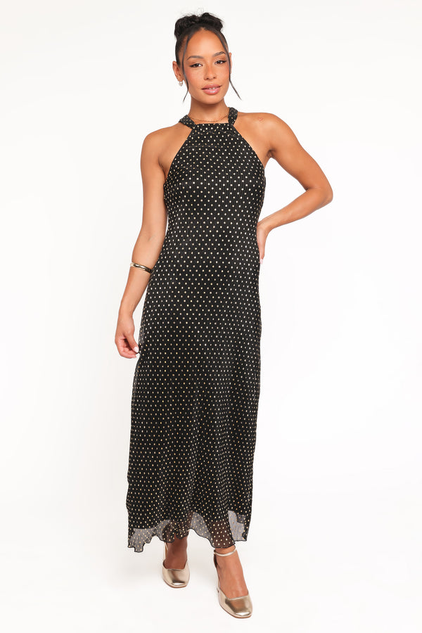Petal and Pup USA DRESSES Melody Plisse Halter Maxi Dress - Black/Gold Polka Dot