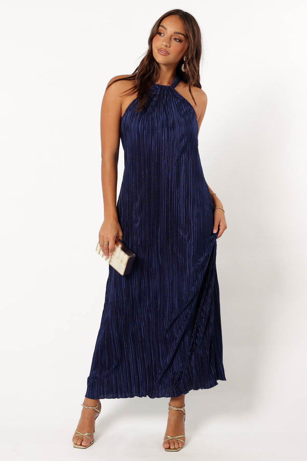 Petal and Pup USA DRESSES Melody Plisse Halter Maxi Dress - Navy