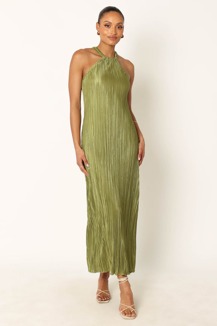 Melody Plisse Halter Maxi Dress Olive Petal & Pup USA