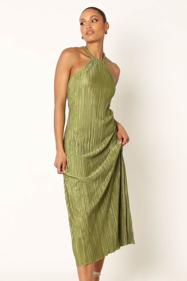 Petal and Pup USA DRESSES Melody Plisse Halter Maxi Dress - Olive