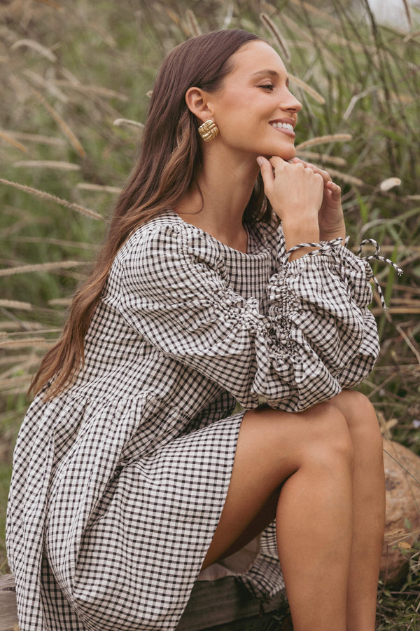 Petal and Pup USA DRESSES Micaela Long Sleeve Mini Dress - Black Gingham