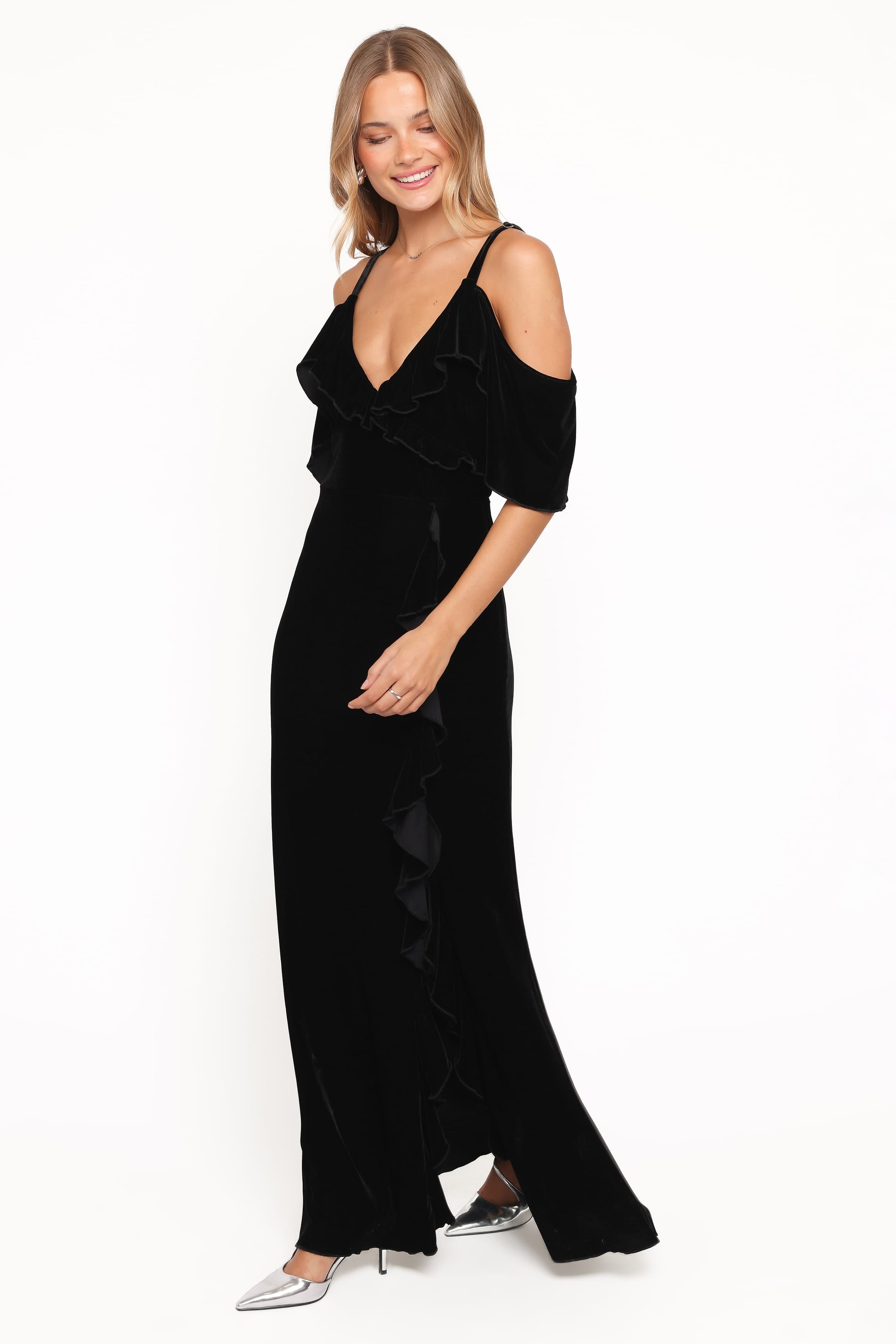 Petal and Pup USA DRESSES Micah Off Shoulder Velvet Maxi Dress - Black