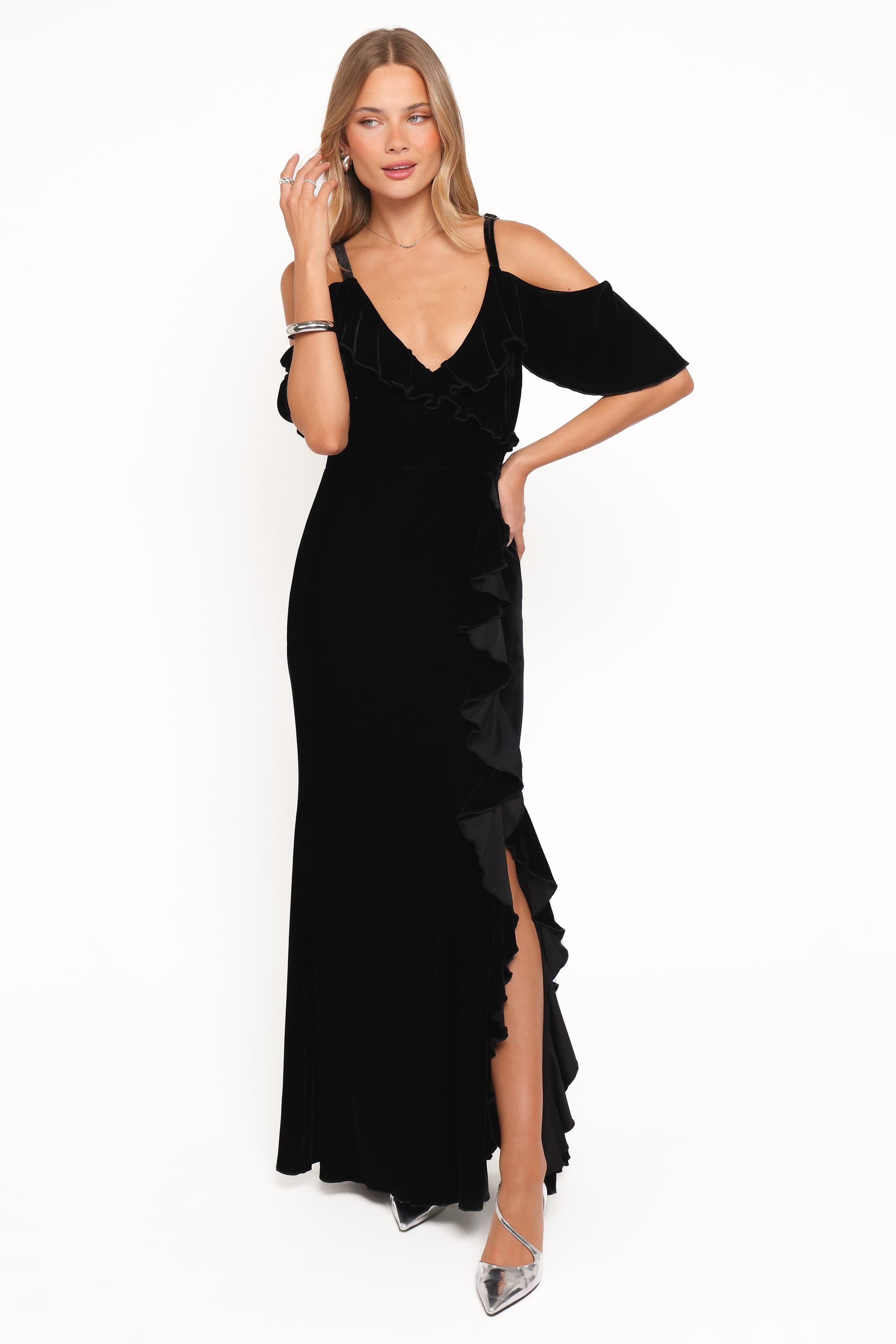 Petal and Pup USA DRESSES Micah Off Shoulder Velvet Maxi Dress - Black