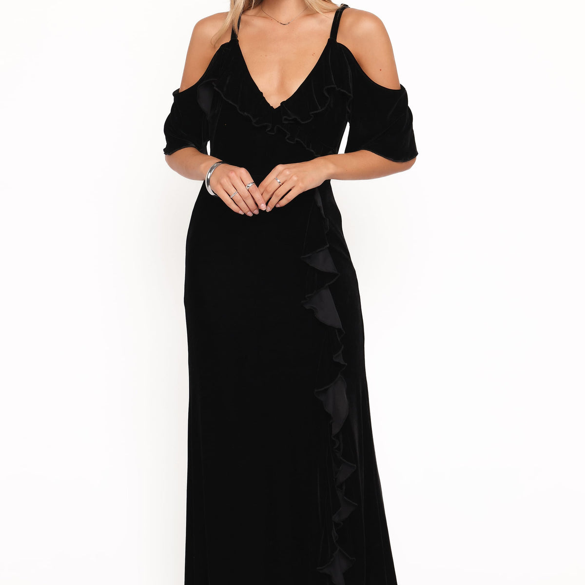 velvet black maxi dress Find Me / M A darted bodice leads into a figure Black Velvet Mock Neck Maxi