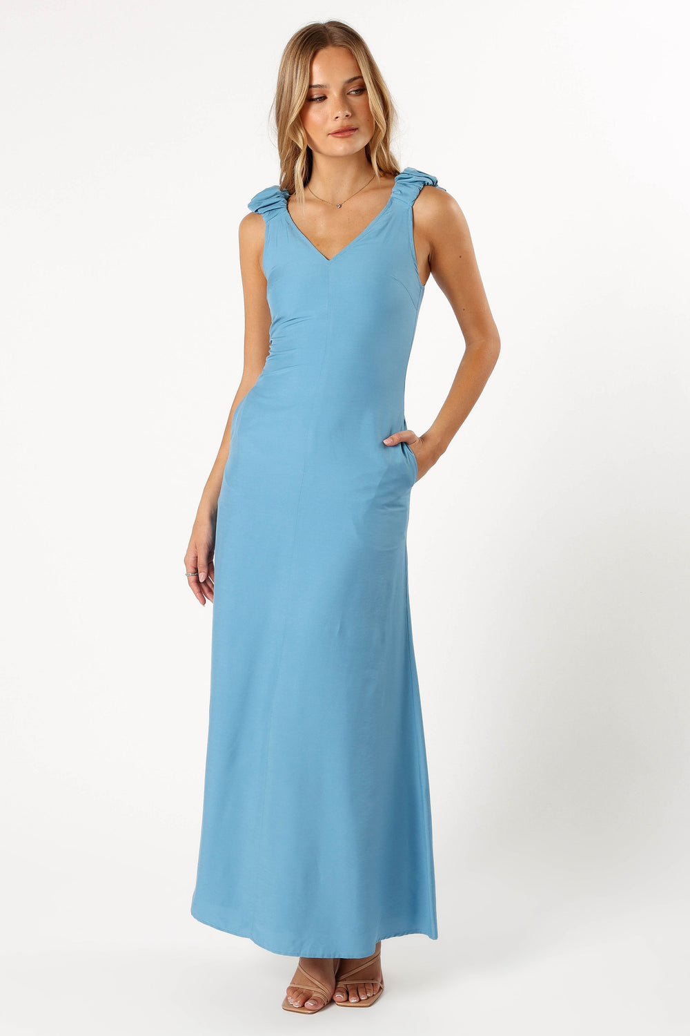 Petal and Pup USA DRESSES Michael Ruched Strap Maxi Dress - Blue