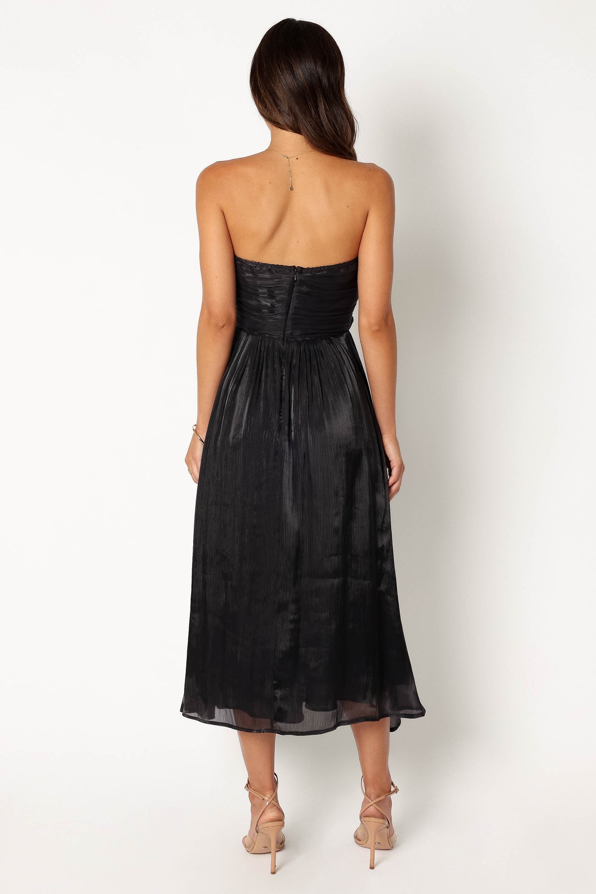 soft pink shimmer stripes mila strapless midi dress Petal and Pup Women's Mila Strapless Midi Dress
