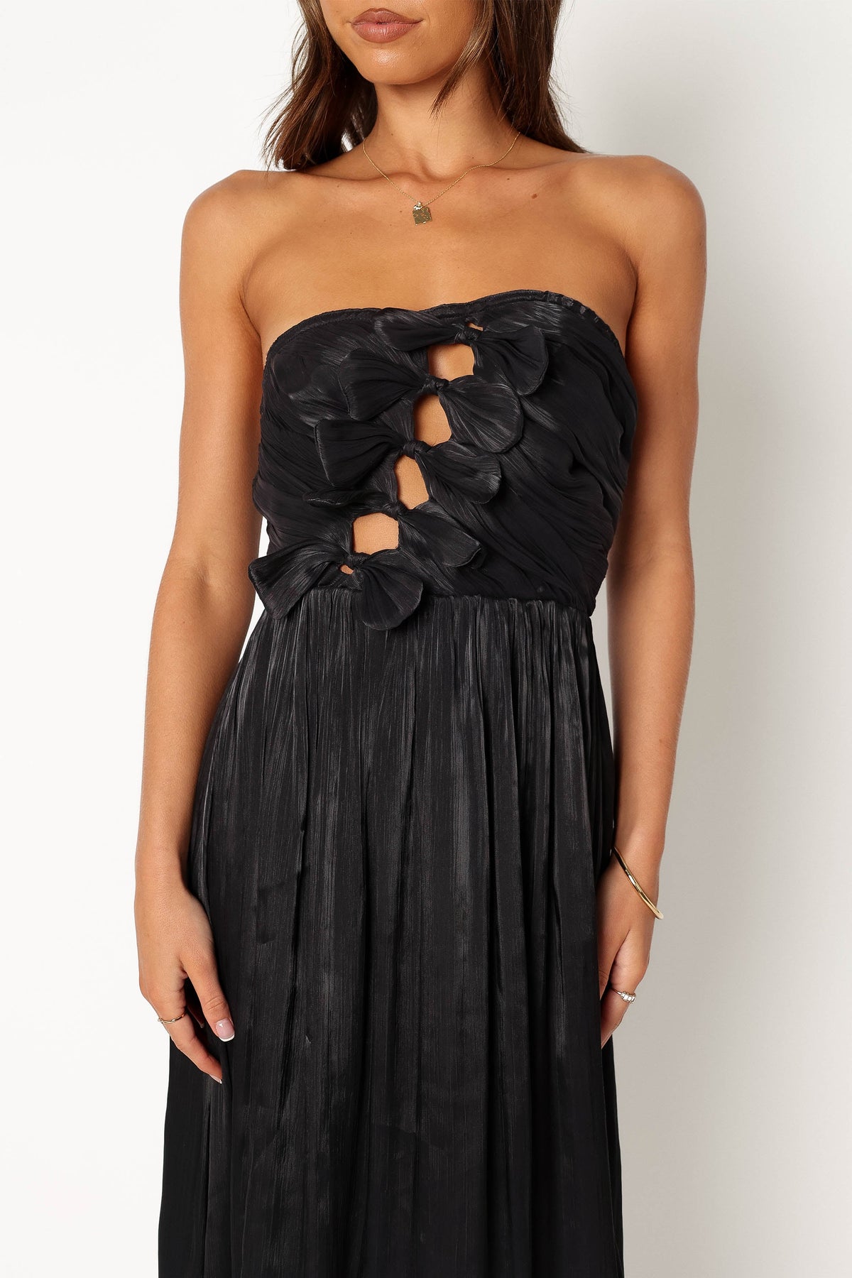 soft pink shimmer stripes mila strapless midi dress Petal and Pup Women's Mila Strapless Midi Dress