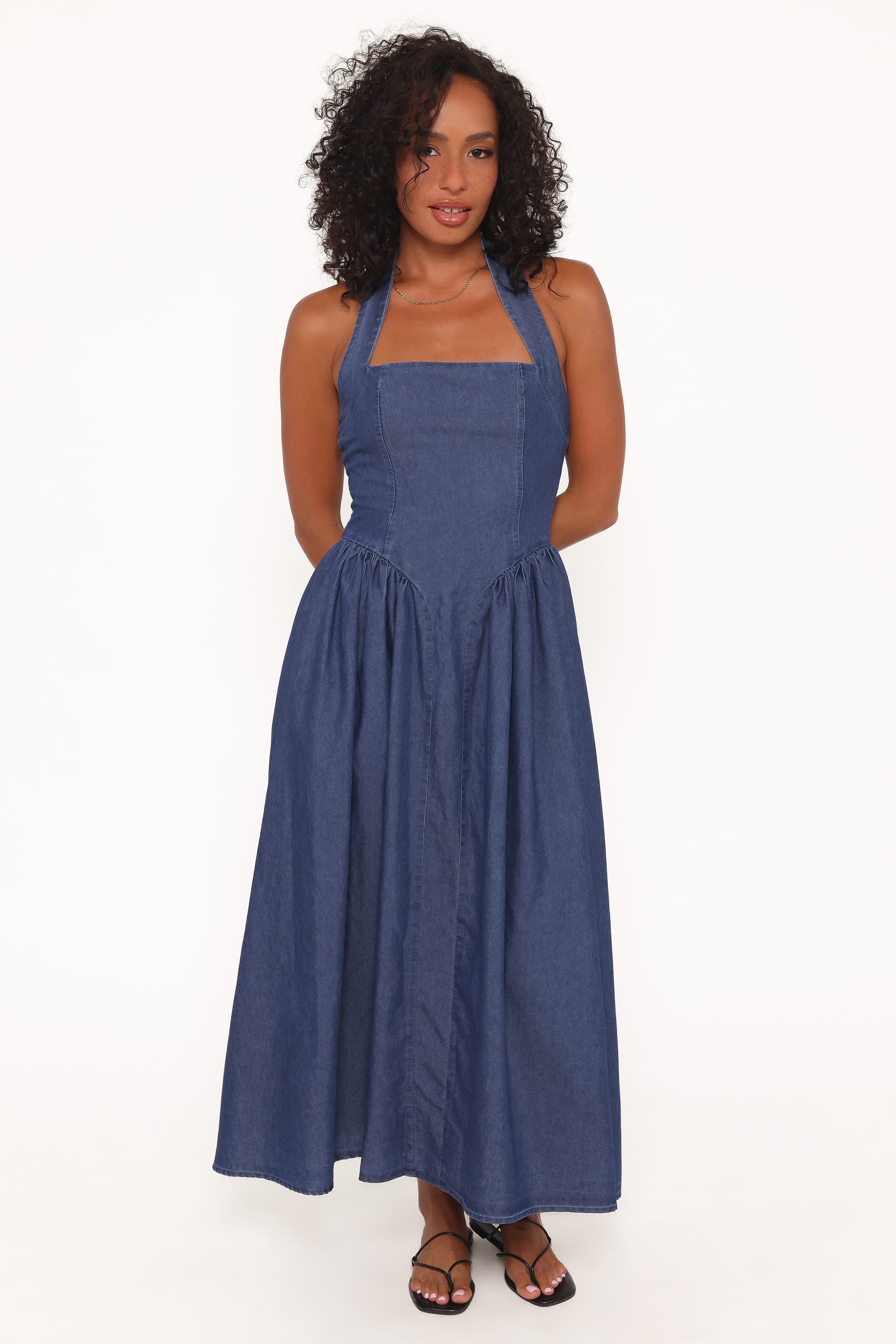 Petal and Pup USA DRESSES Milford Halterneck Midi Dress - Dark Denim