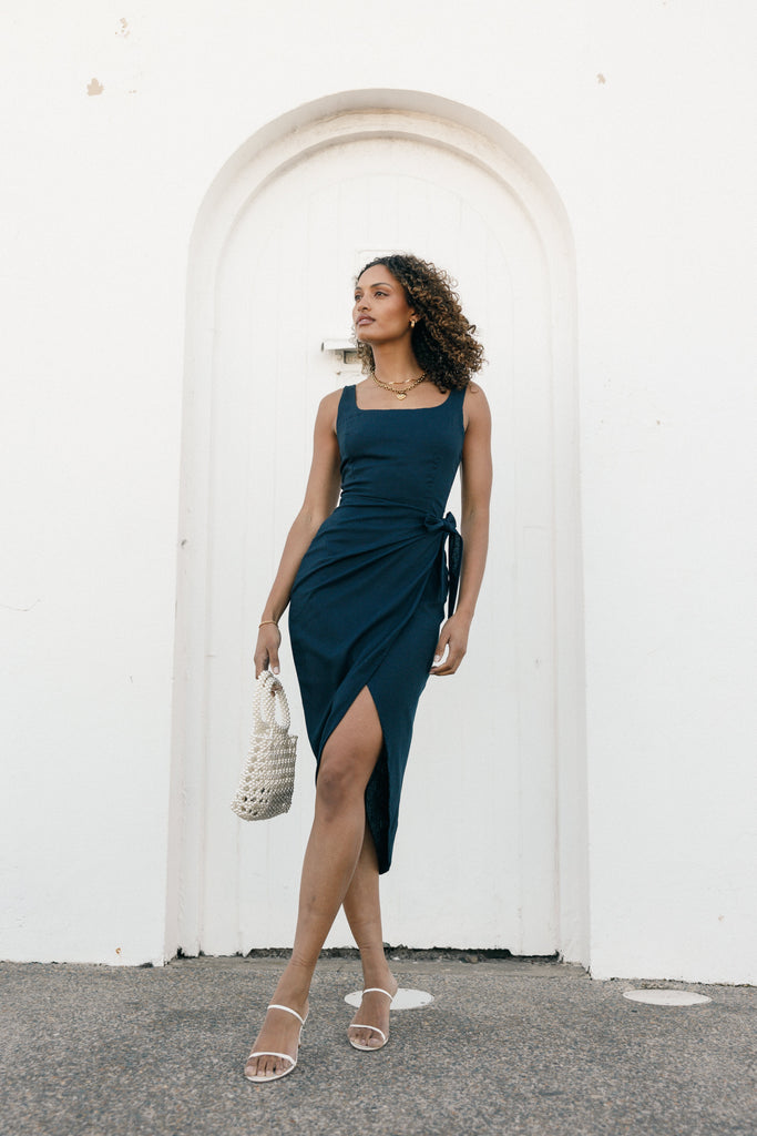 Misty Wrap Midi Dress Navy Petal Pup USA
