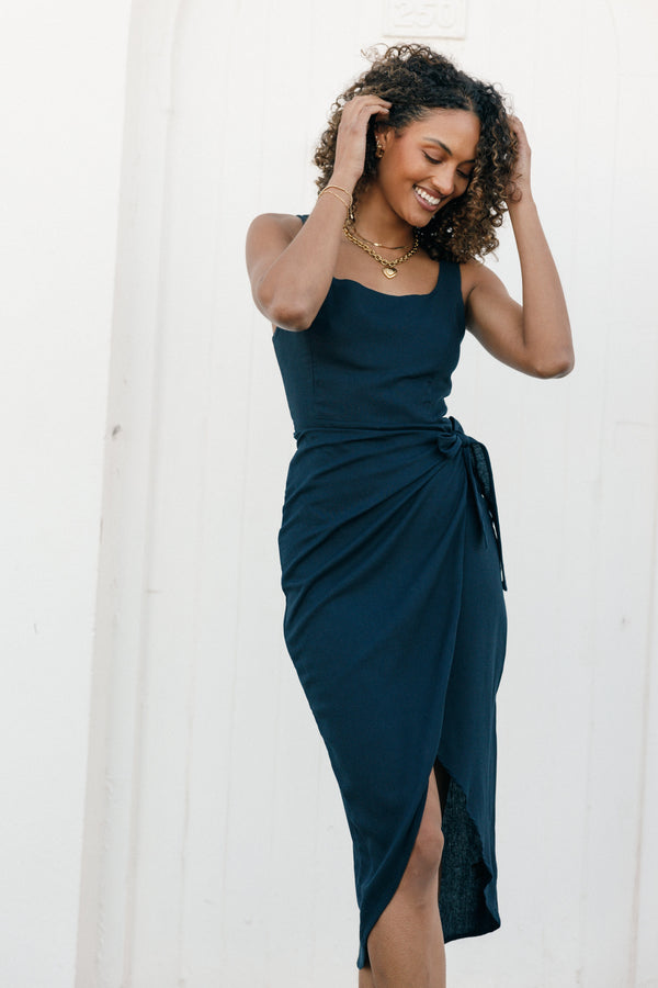 Petal and Pup USA DRESSES Misty Wrap Midi Dress - Navy