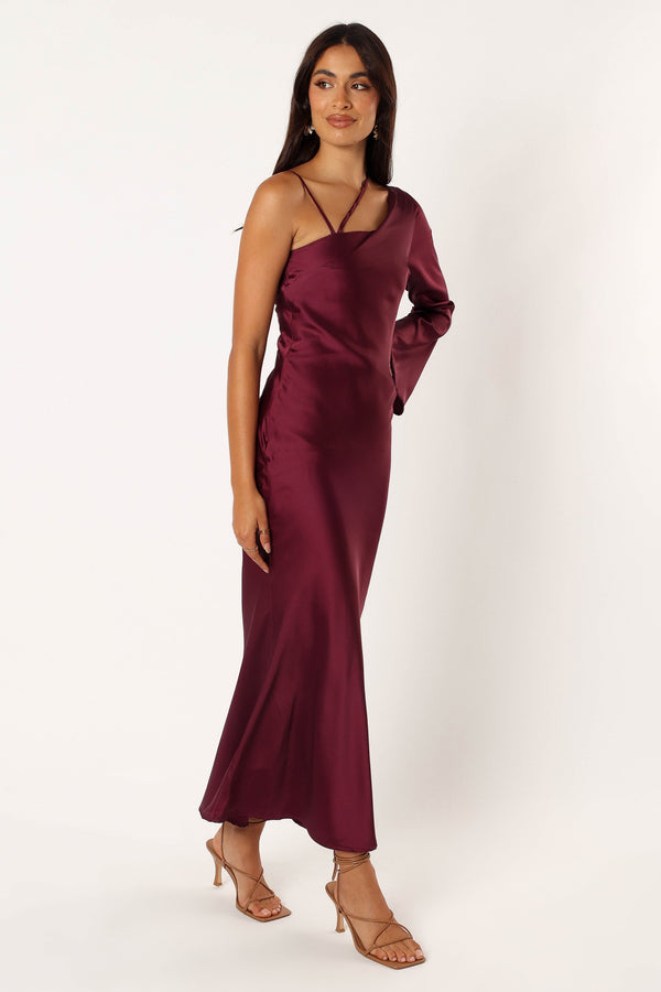 Petal and Pup USA DRESSES Moly One Shoulder Midi Dress - Wine