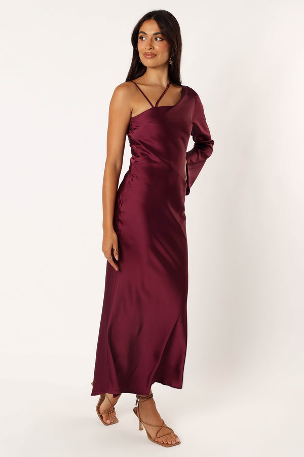 Petal and Pup USA DRESSES Moly One Shoulder Midi Dress - Wine