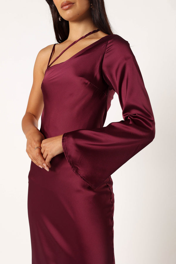 Petal and Pup USA DRESSES Moly One Shoulder Midi Dress - Wine