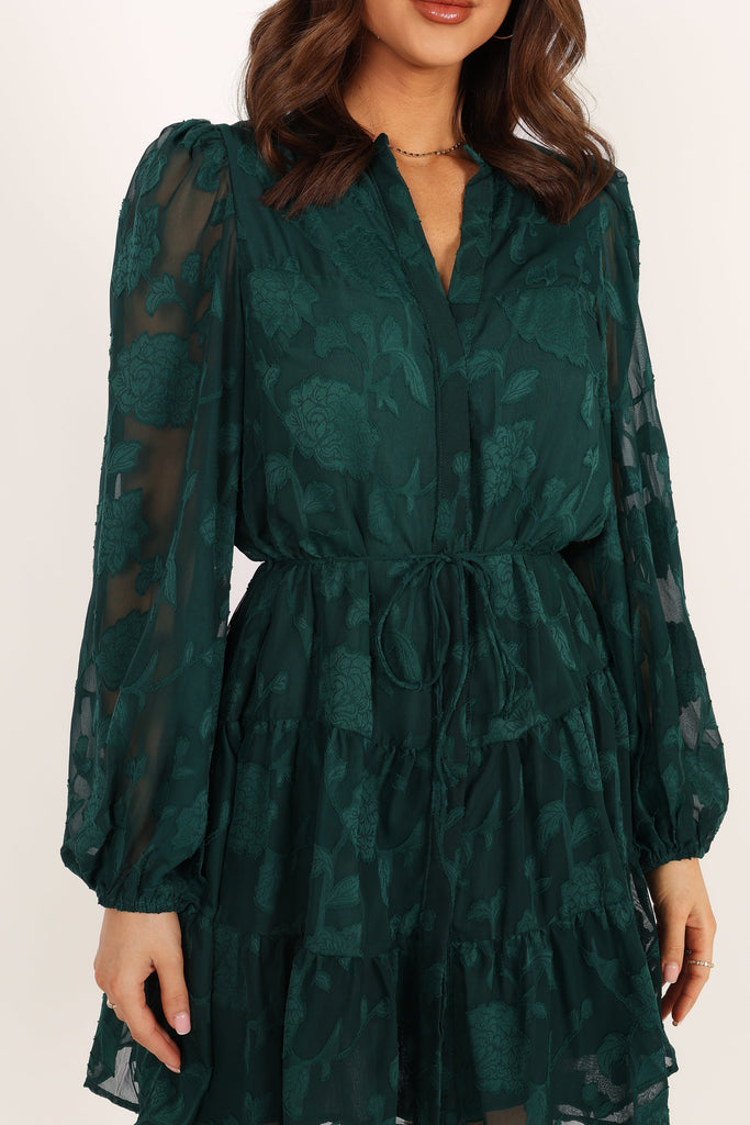 All Yours Emerald Green Lace Long Sleeve Ruffled Mini Dress