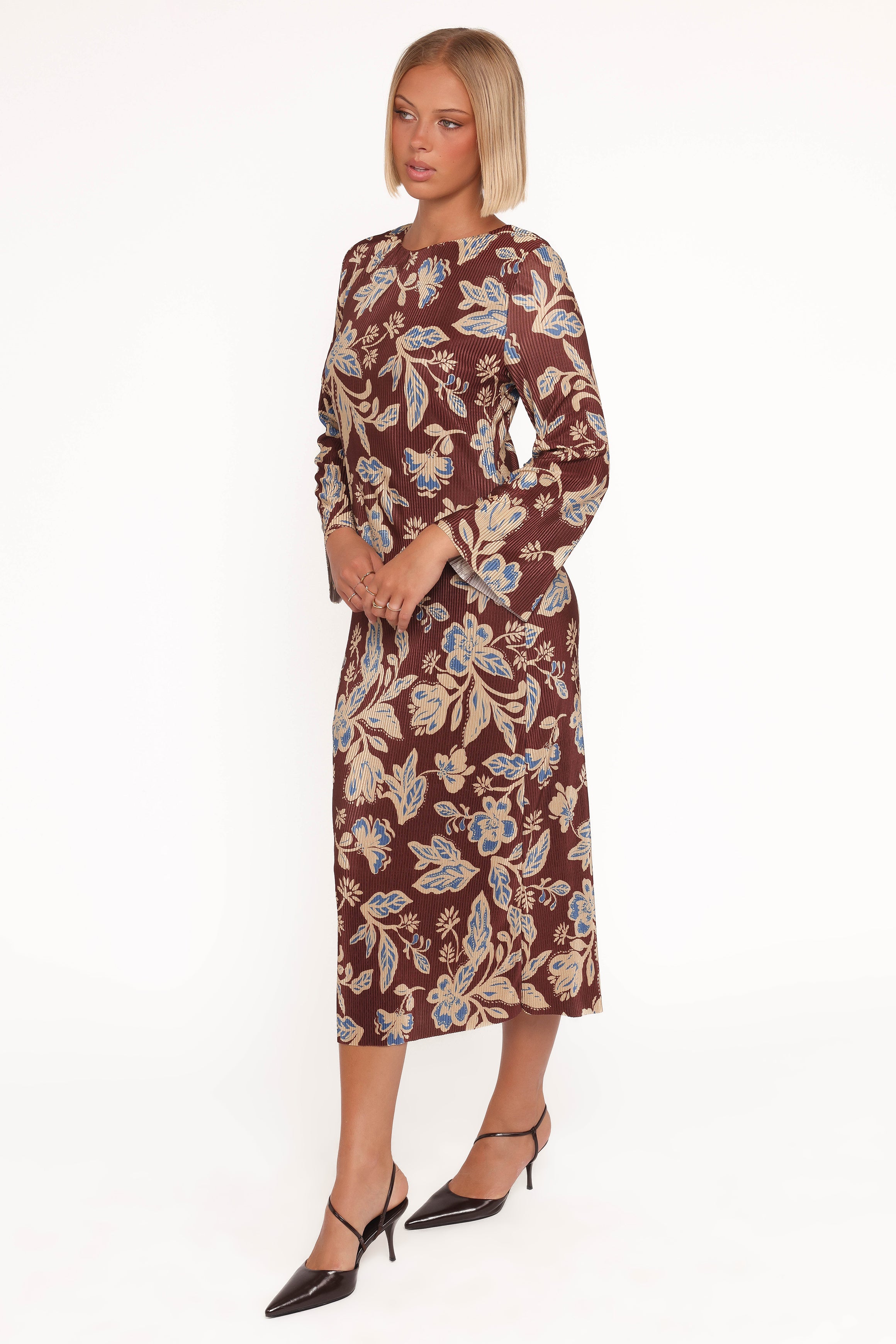 Petal and Pup USA DRESSES Morena Long Sleeve Midi Dress - Brown Floral