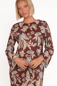 Petal and Pup USA DRESSES Morena Long Sleeve Midi Dress - Brown Floral