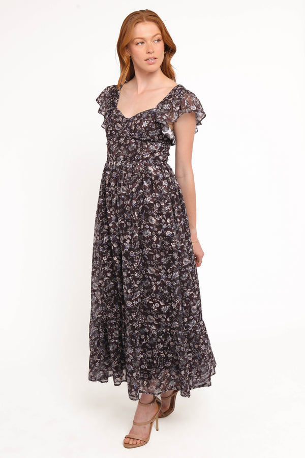 Petal and Pup USA DRESSES Myles Maxi Dress - Brown/Blue Floral