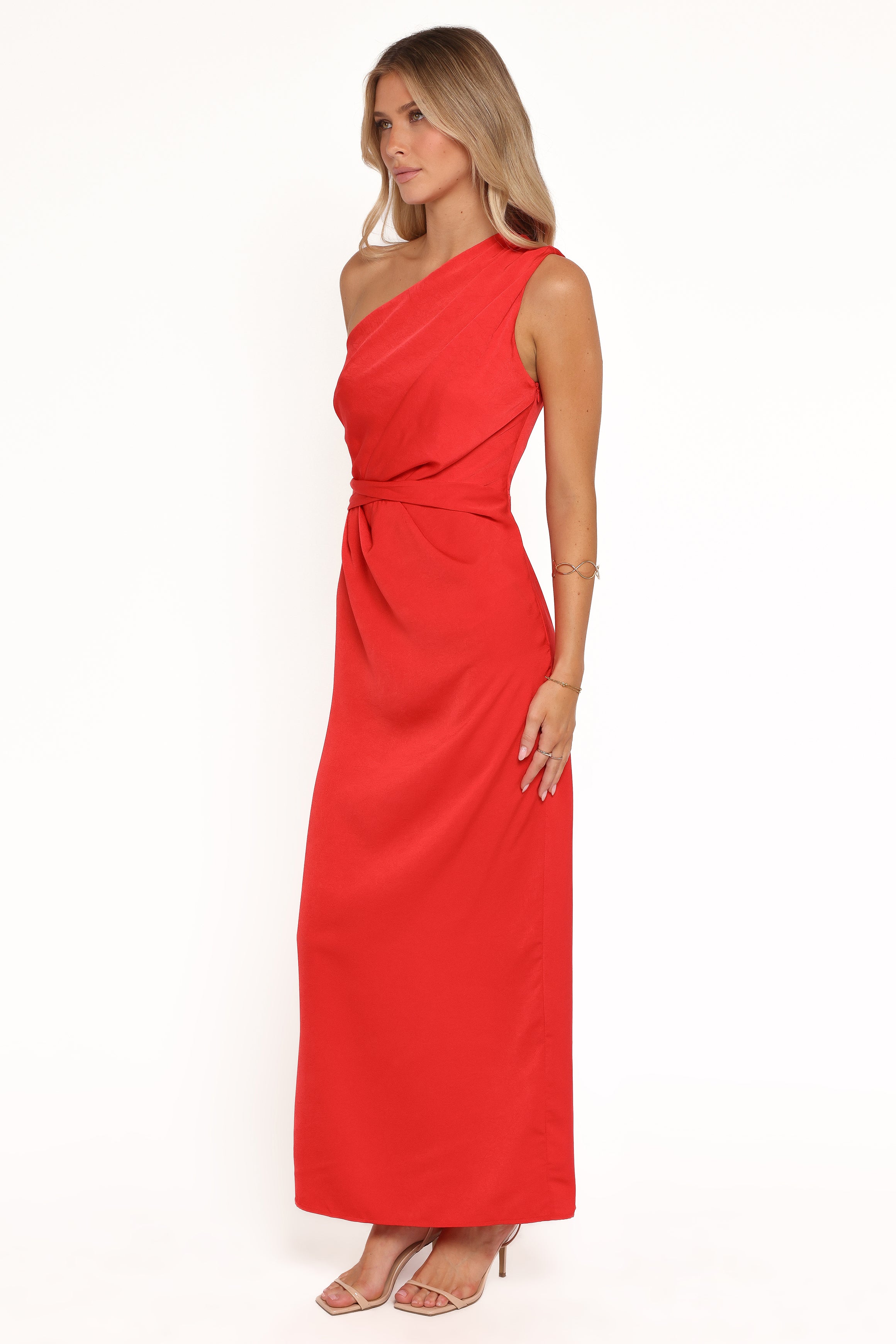 Petal and Pup USA DRESSES Nadia One Shoulder Maxi Dress - Red Jacquard Satin