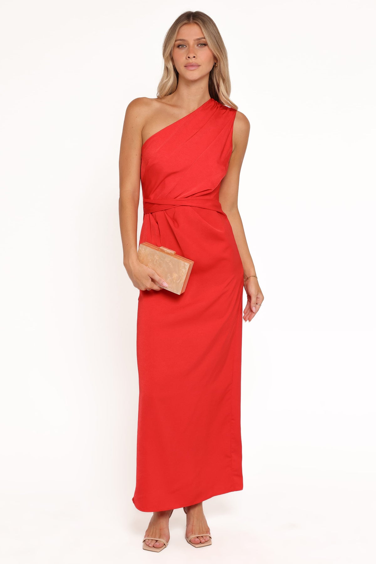 Petal and Pup Women's Nadia One Shoulder Maxi Dress - Red Jacquard Satin Petal and Pup Women's Nadia One Shoulder Maxi Dress - Red Jacquard Satin