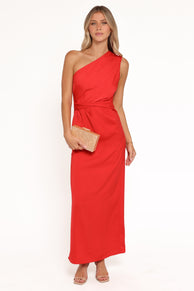 Petal and Pup USA DRESSES Nadia One Shoulder Maxi Dress - Red Jacquard Satin