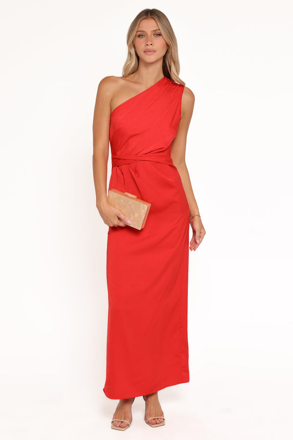 Petal and Pup USA DRESSES Nadia One Shoulder Maxi Dress - Red Jacquard Satin