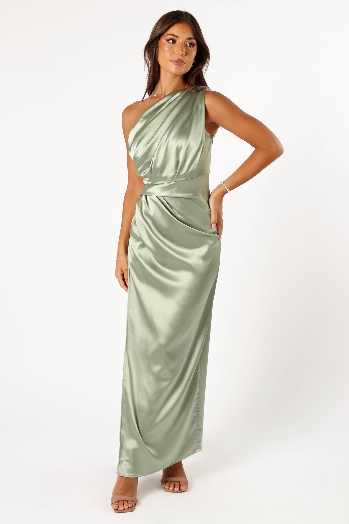 open lace back dress Aurianne White Asymmetrical Draped Maxi Dress, M / White