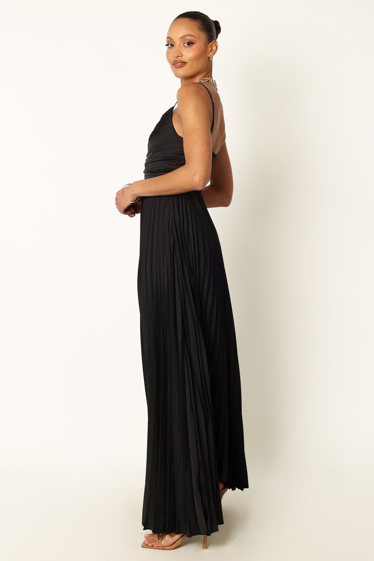 black woven asymmetric pleated maxi dress Black Pleated Maxi Dress