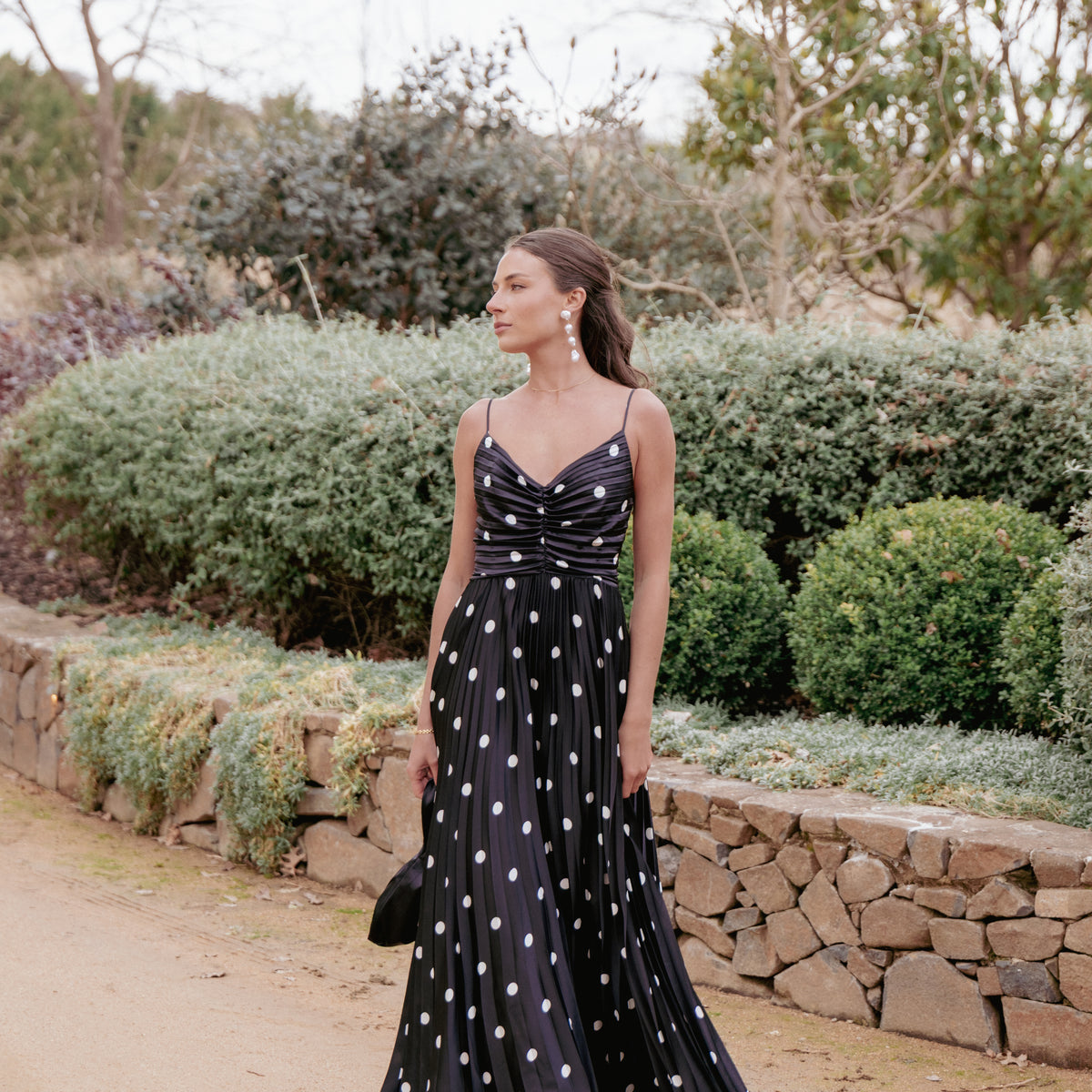 black dress white dots Petal and Pup Women's Naira Pleated Maxi Dress