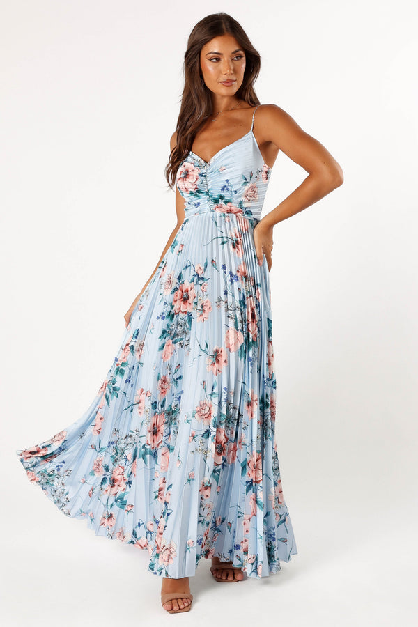 Petal and Pup USA DRESSES Naira Pleated Maxi Dress - Blue Floral