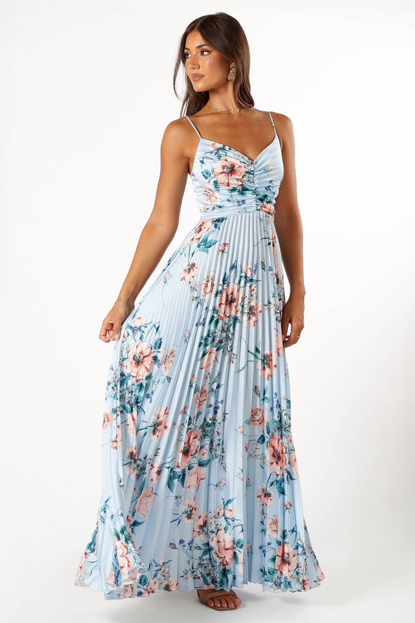 Petal and Pup USA DRESSES Naira Pleated Maxi Dress - Blue Floral