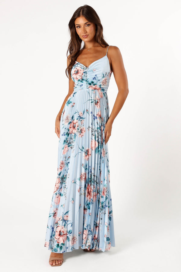 Petal and Pup USA DRESSES Naira Pleated Maxi Dress - Blue Floral