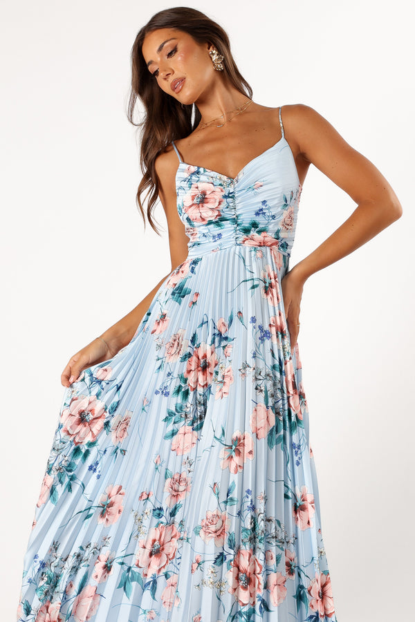 Petal and Pup USA DRESSES Naira Pleated Maxi Dress - Blue Floral