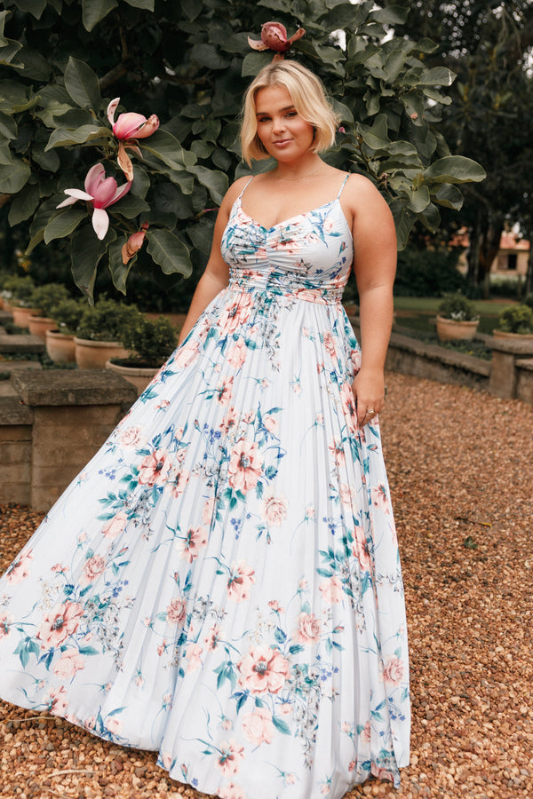 Petal and Pup USA DRESSES Naira Pleated Maxi Dress - Blue Floral