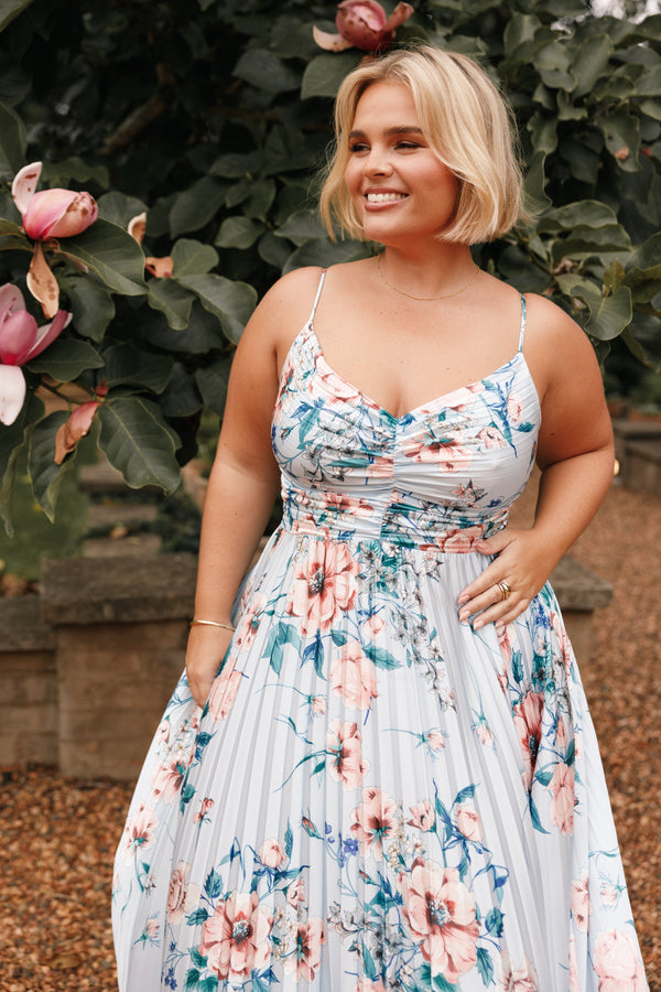 Petal and Pup USA DRESSES Naira Pleated Maxi Dress - Blue Floral