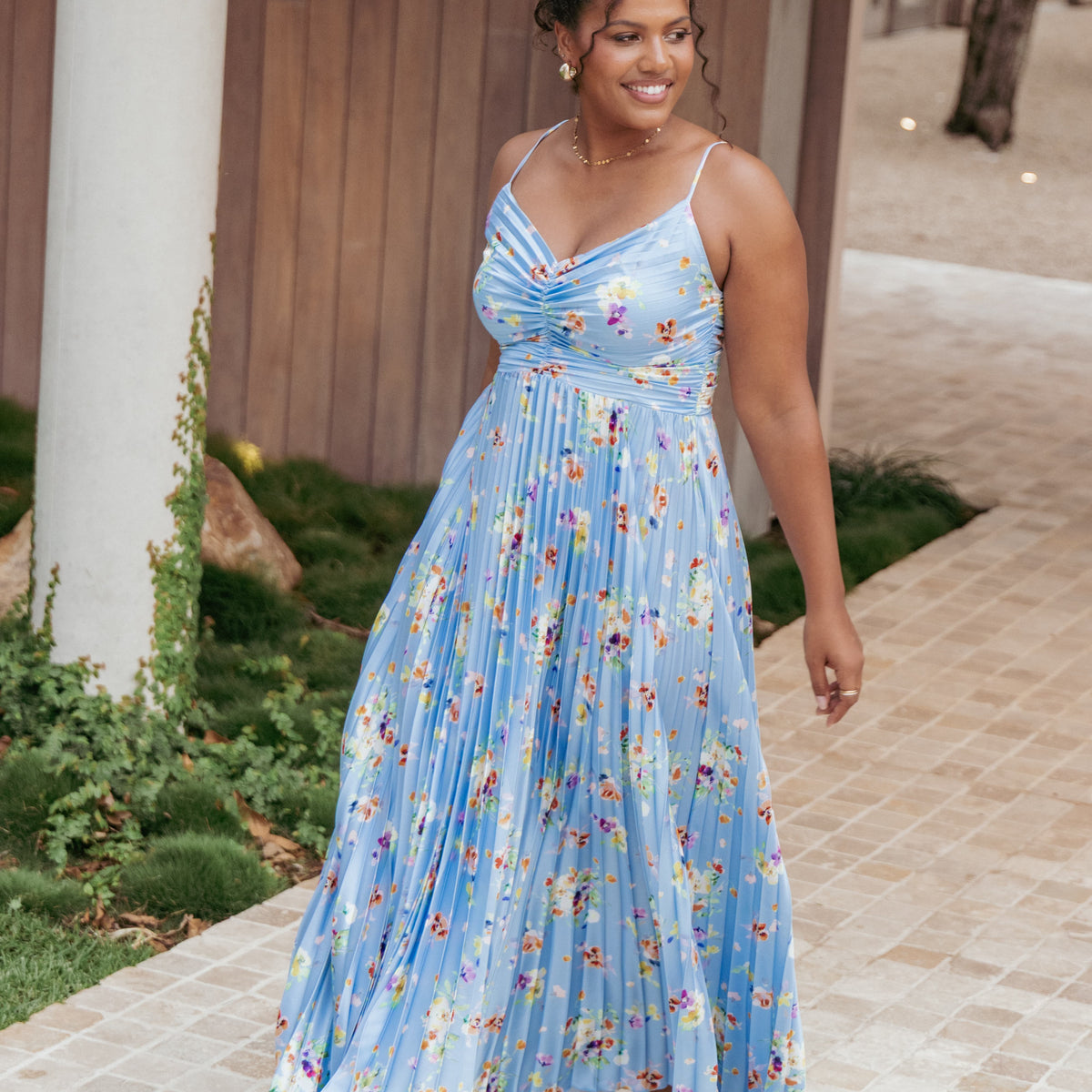 Naira Pleated Maxi Dress - Cornflower Blue Floral