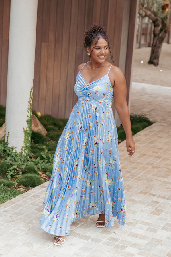 Petal and Pup USA DRESSES Naira Pleated Maxi Dress - Cornflower Blue Floral