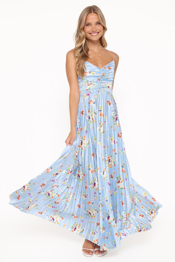 Petal and Pup USA DRESSES Naira Pleated Maxi Dress - Cornflower Blue Floral