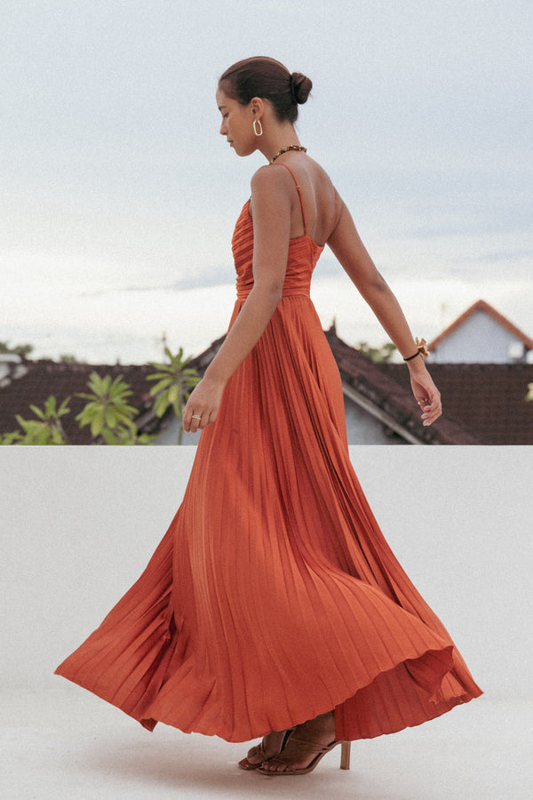 Petal and Pup USA DRESSES Naira Pleated Maxi Dress - Sunset Orange