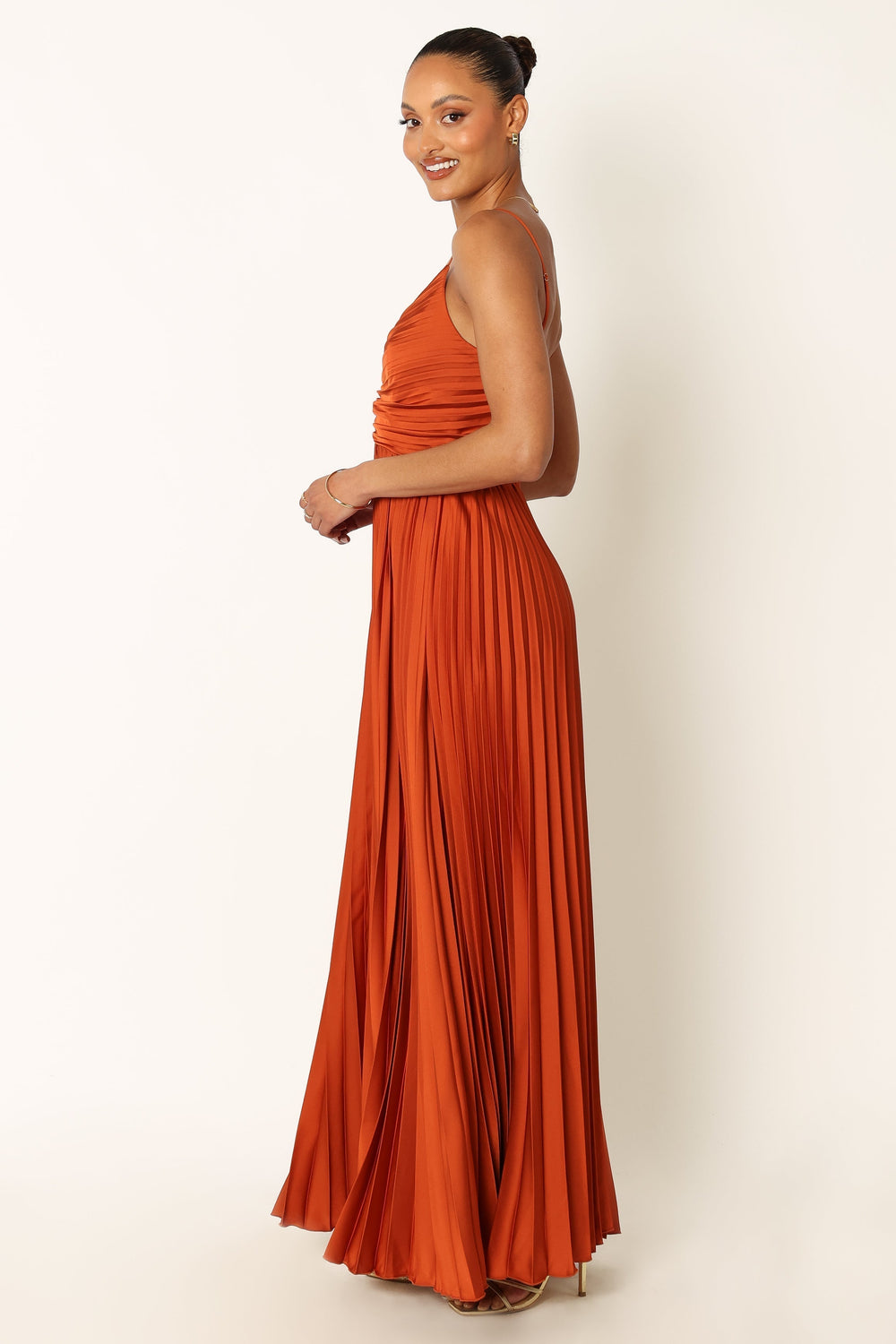 Orange Peach Pleated Maxi Dress With Long Sleeves | SilkFred US