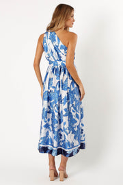 Petal and Pup USA DRESSES Naomi One Shoulder Midi Dress - Blue Floral